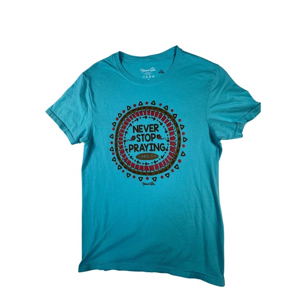 Blessed Girl Tops - Blessed Girl Graphic Tee Women's Small Teal Never Stop Praying Cotton